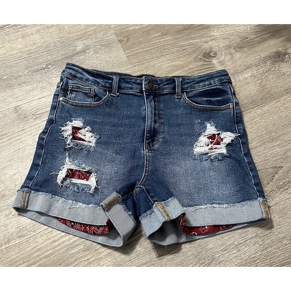 Judy Blue Dark Blue Distressed High Waist Denim Shorts with Red Bandana Accents